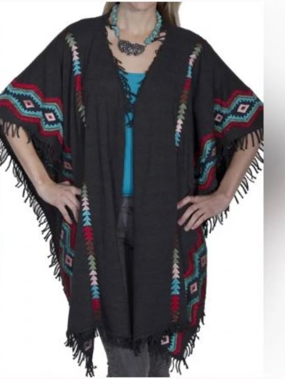 Scully S M L XL Embroidered Southwest Poncho Shawl Sweater Gray Turquoise Red